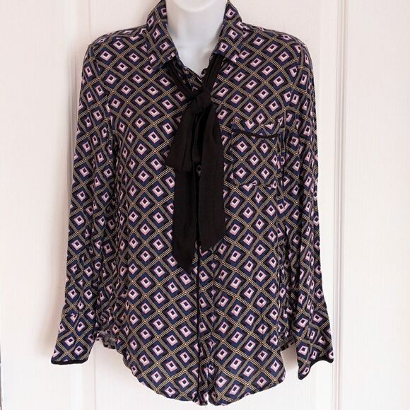 Mango Abstract Print Navy Pink Blouse With Bow Tie Neck Top Viscose XS @V - Picture 9 of 12